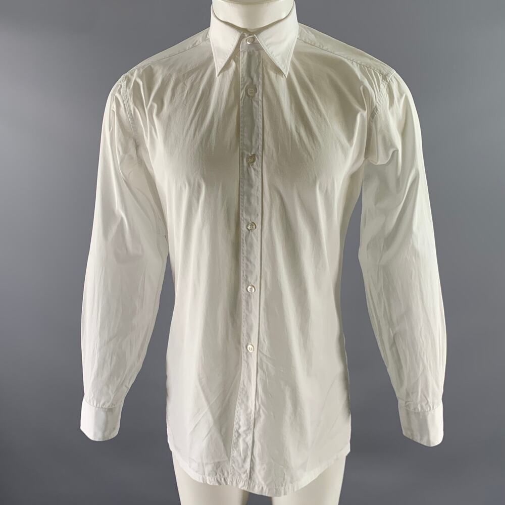 CHARVET Size M White Solid Cotton Pointed Collar Long Sleeve Shirt